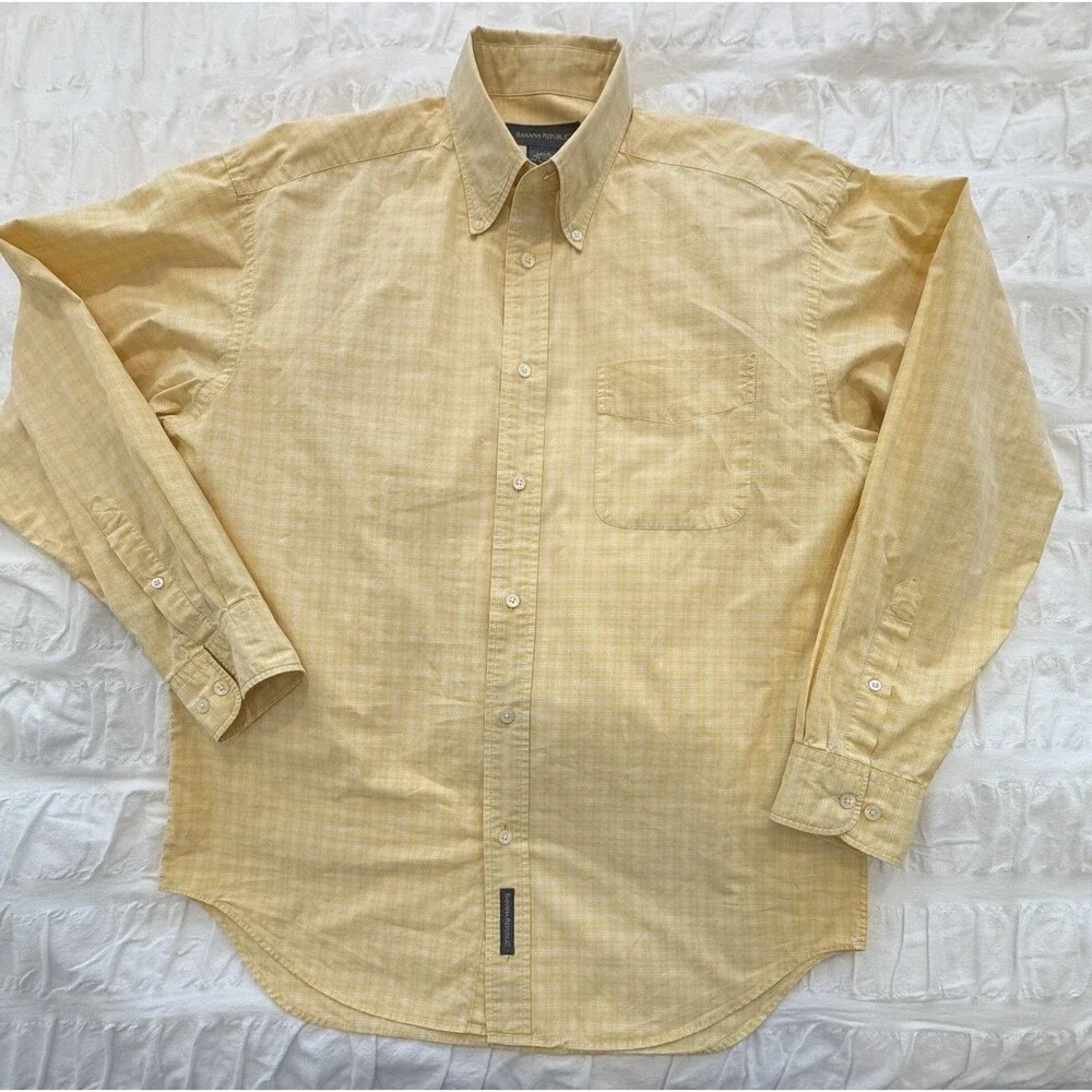 Banana Republic Men’s Long Sleeve Cotton Shirt, Yellow Plaid, Med, GUC